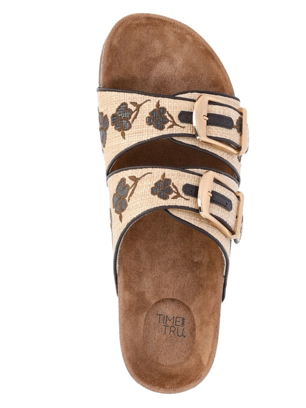 NWT Time and Tru Beige Brown Floral Double-Buckle Slide Raffia Sandal